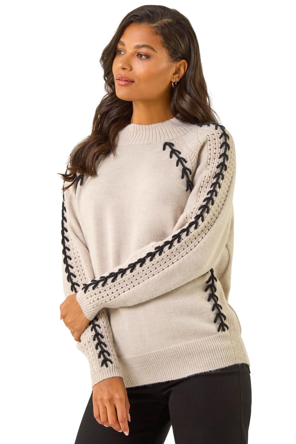 Roman Women's Beige Blanket Stitch Knit Jumper In | : Size 12