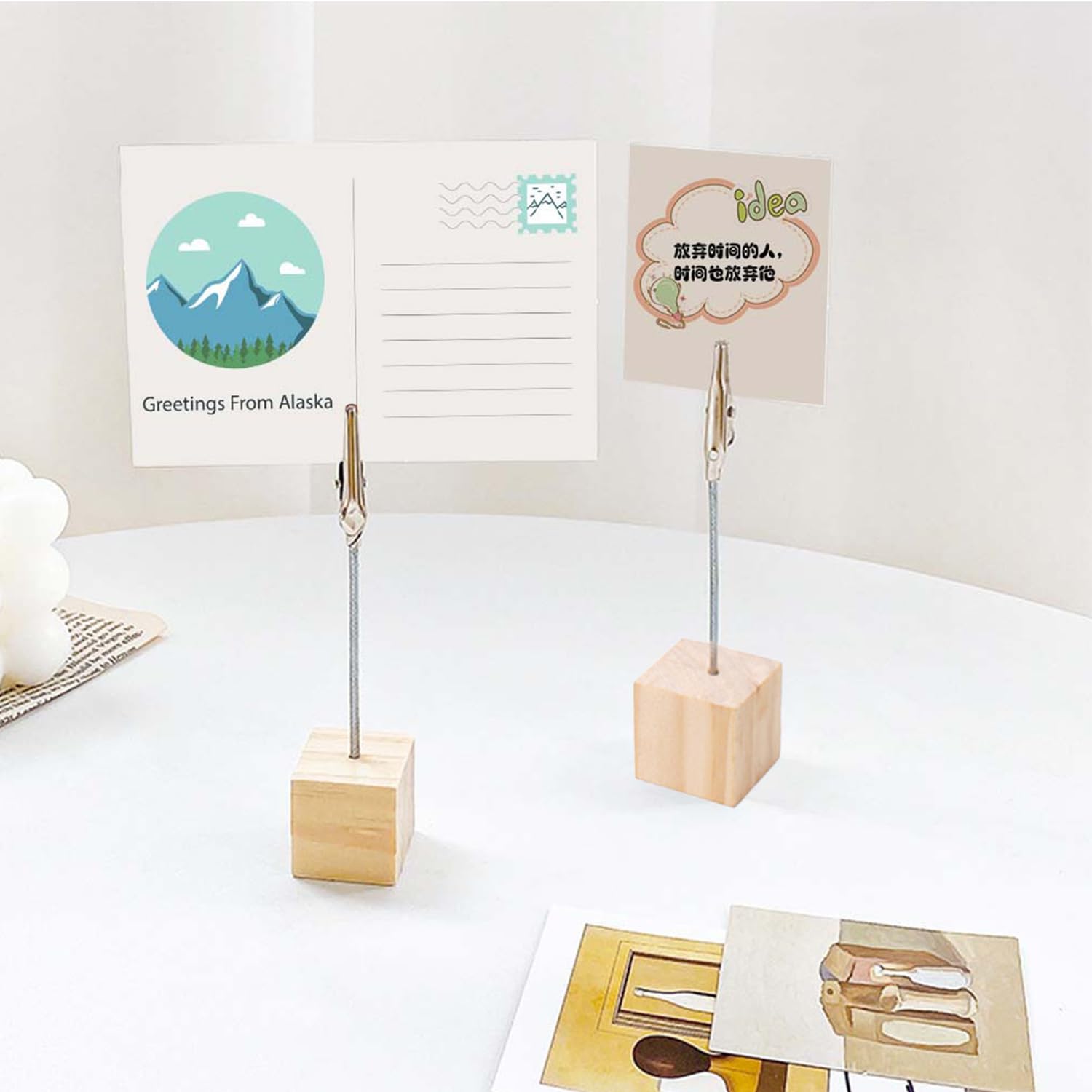 Portafoto Con Base Legno - Set 13 Mollette Decorativi Per Scrivania, Matrimoni E Feste - Foto 5