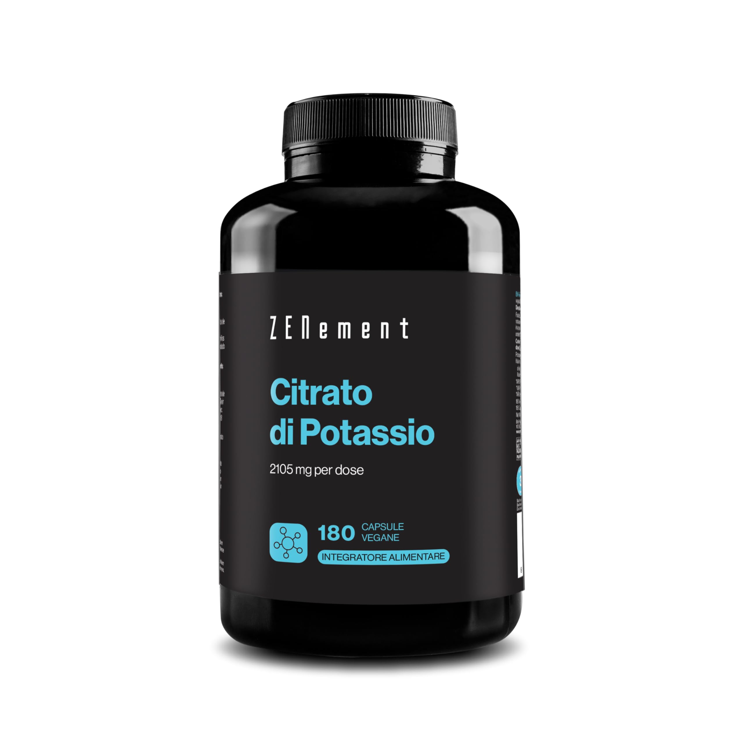 Citrato di Potassio 2105 mg per Dose (800 mg di Potassio Elementare in 2 capsule) - 180 Capsule per 3 Mesi - Supporto Muscolare, Nervoso e Pressione - Vegano e Senza Additivi - Zenement