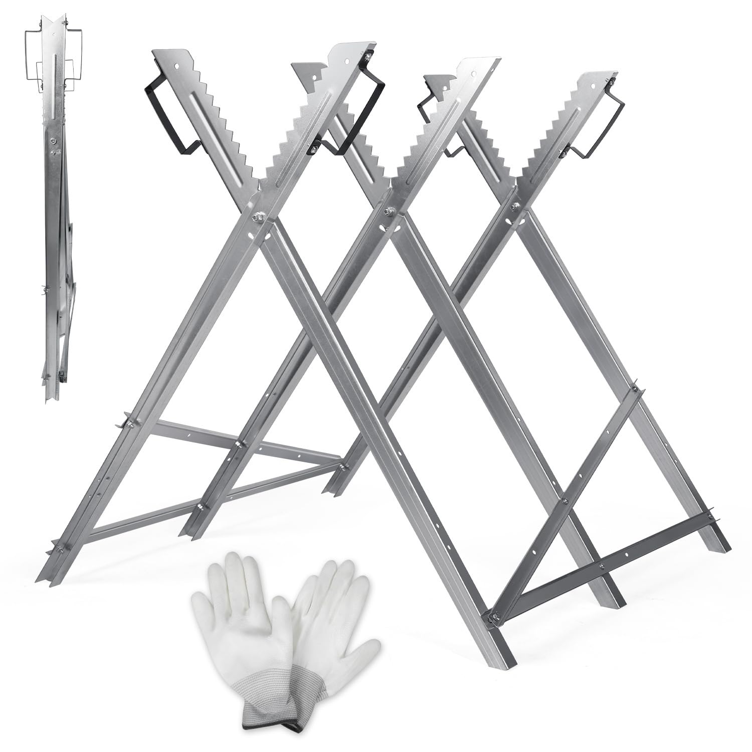Cavalletto in metallo zincato e pieghevole, con 3 supporti per denti, portata fino a 150 kg, supporto per seghe a catena, per tronchi di alberi fino a Ø 23 cm