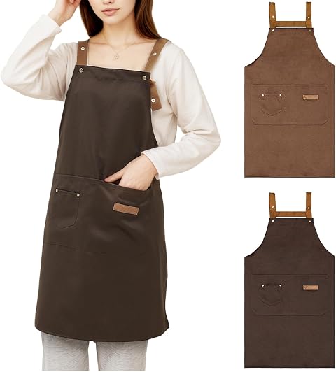 2 Piezas Delantal Cocina para Hombres y Mujeres, Delantales Chef, Mandil Camarero Ajustable, Mandiles Hosteleria Barbacoa Lona con 3 Bolsillos para Hornear, Restaurante