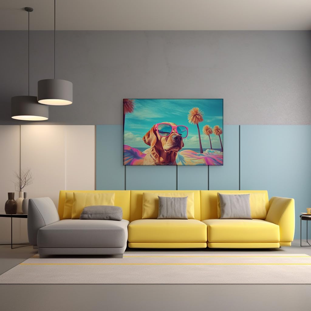 Canvas for Living room. Sunglasses and Sand: A Stylish Pooch�s Beach Day Dream, 27 x 18 inch Canvas Wall Art - Ready to Hang