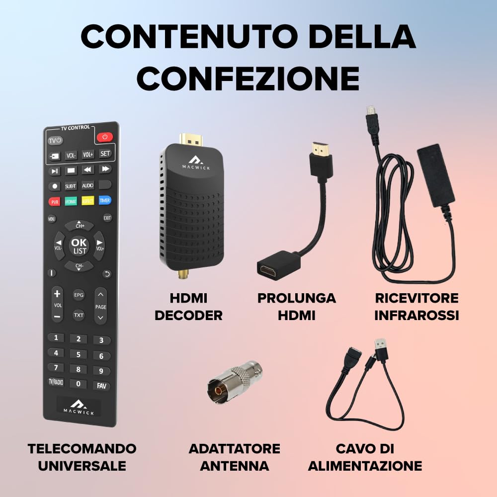 Macwick DVBT2 2024 TDT Mini Decodificador Digital Terrestre 1080P H265 HEVC HD Conexión HDMI y USB, Función PVR, Invisible Nano TV Stick, Control Remoto 2 en 1 Infrarrojo, Instalación Guiada