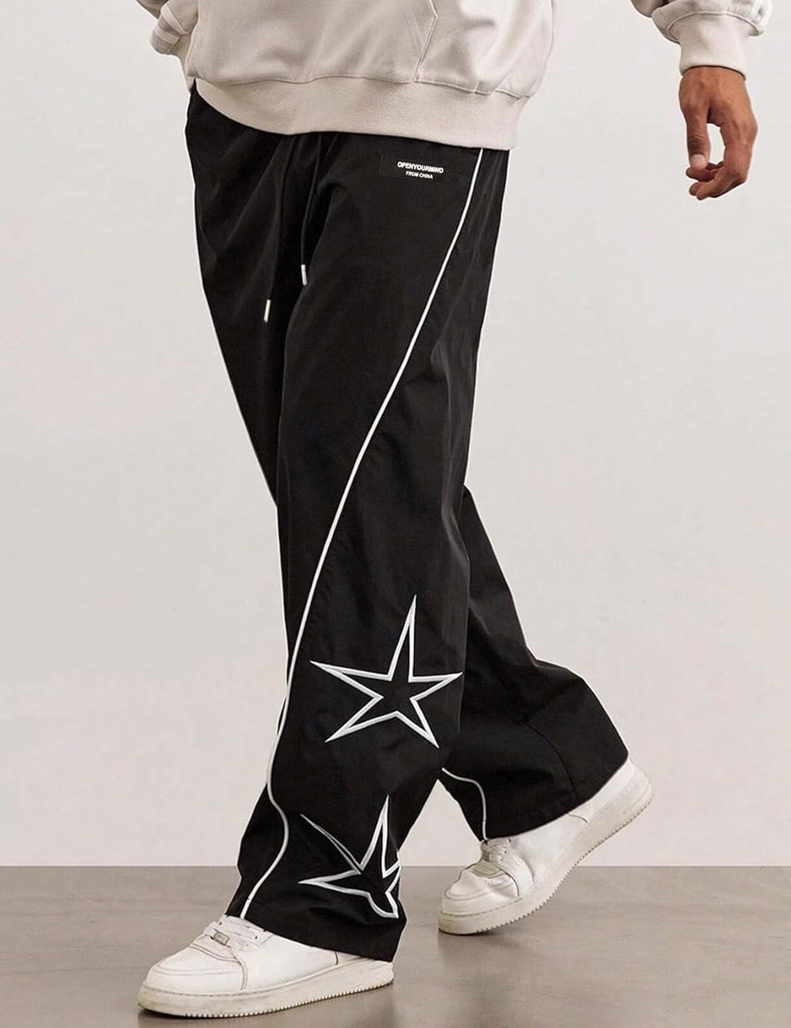 Yimoon Men's Star Pants Y2K Lightweight Drawstring High Rise Side Striped Pants Wide Leg Baggy Dance Pants with Pockets - Image 2