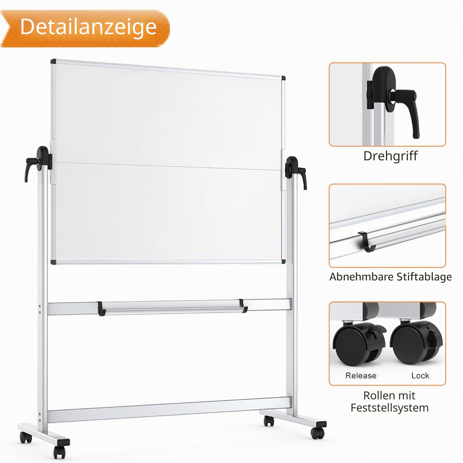 VIZ-PRO Doppelseitiges Mobiles Whiteboard, 120 x 90 cm, Magnetisch, Rollend, Trocken Abwischbar, Whiteboard auf Rädern mit Aluminiumrahmen und Ständer