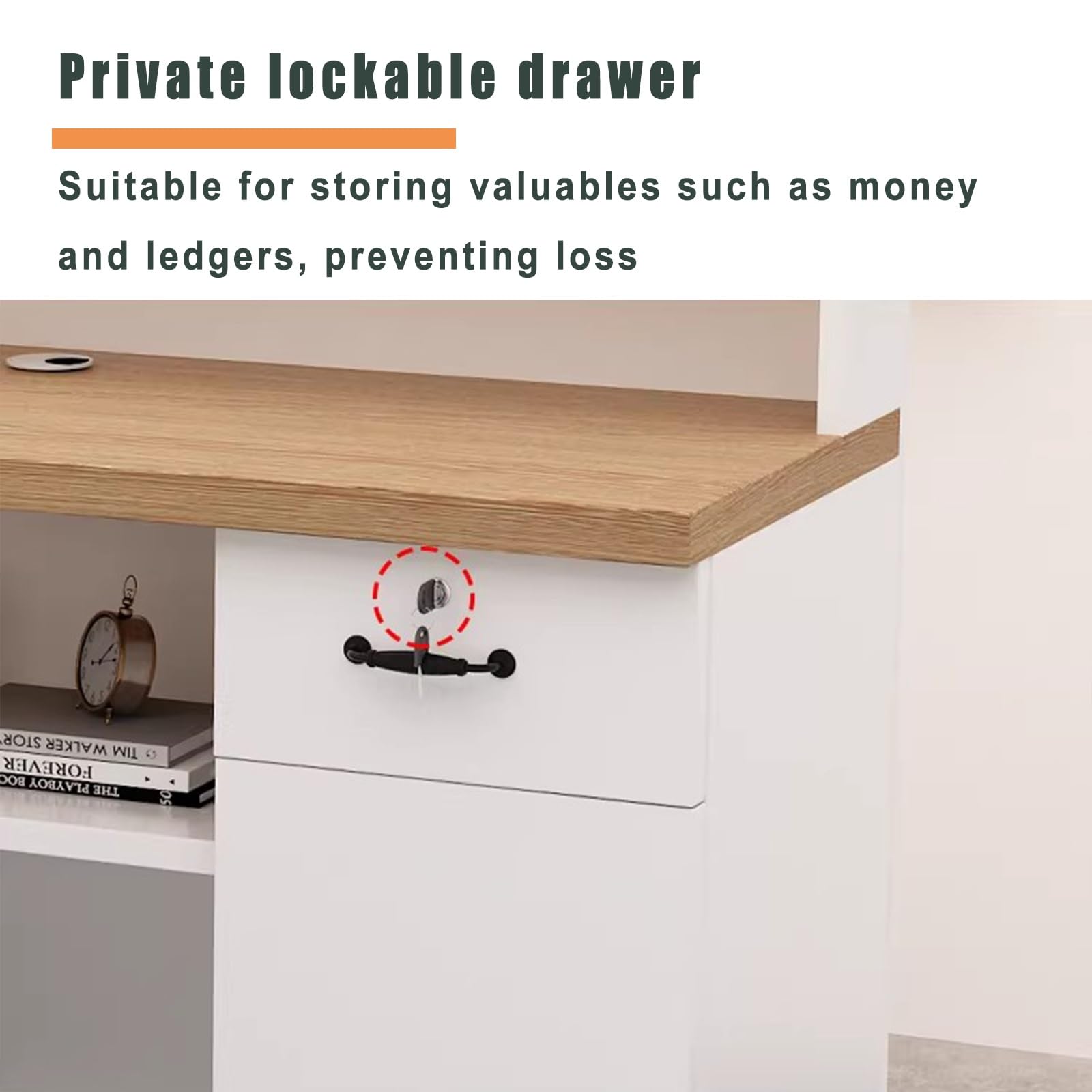 Mostrador de Recepción, Mesa de Mostrador con Cajones De Almacenamiento Y Estantes Abiertos, para Salones(Wood+Off-White righ,180cm)