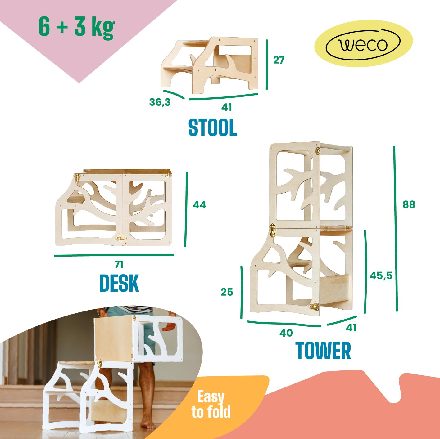 Weco Torre de aprendizaje para niños 3 en 1 con taburete blanco Montessori Muebles de cocina plegable (Negro)