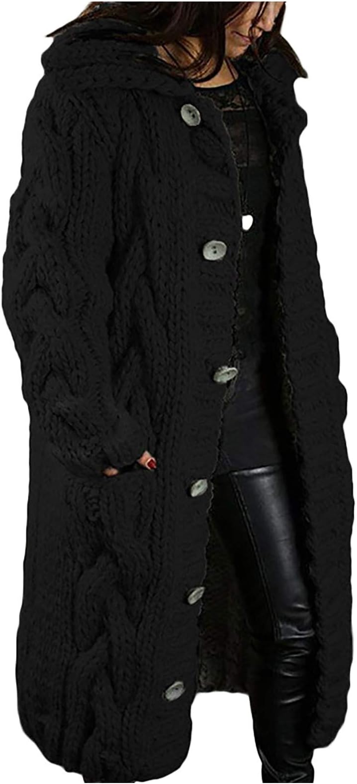 Women's Long Cardigans with Buttons Chunky Cable Knitted Sweater Open Front Long Sleeve Crochet Jumpers Oversized Longline Solid Color Stand Collar Casual Jackets Thermal Outerwear with Pockets