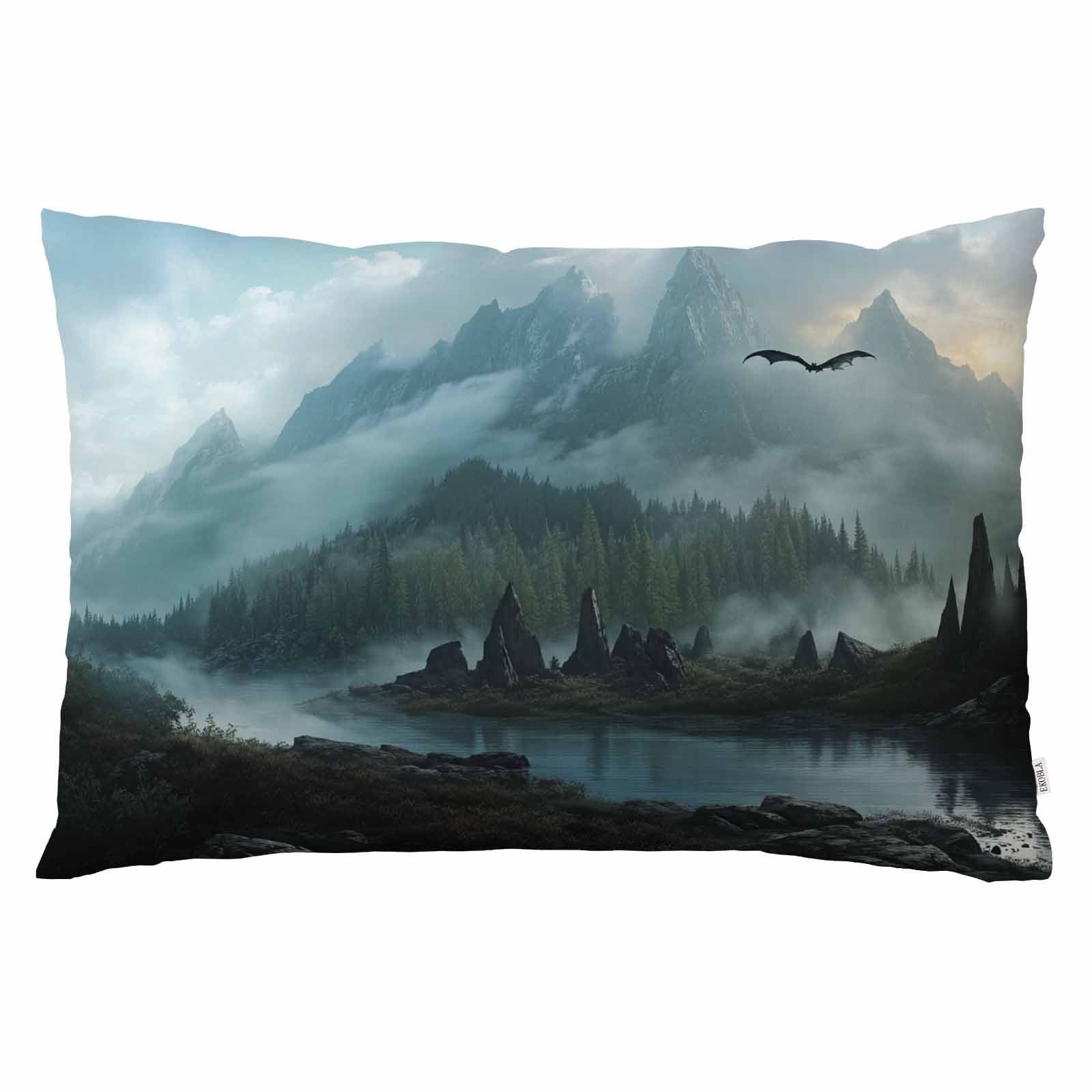 EKOBLA Throw Pillow Cover Foggy Trees Cool Dragon Big Animal Flying in Foggy Mountain Natural Scenery Decor Lumbar Pillow Case Cushion for Sofa Couch
