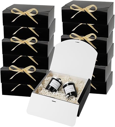 PLINJOY 12 cajas de dama de honor con cinta de 10.7 x 9 x 3.5 pulgadas, cajas de regalo negras a granel para padrinos de boda (negro brillante)