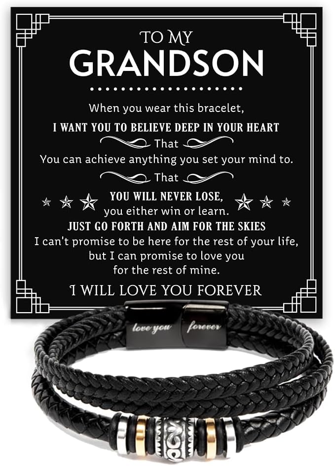 To My Grandson Bracelet from Grandma Grandpa With Heartfelt Message & Elegant Box, Braided Leather Bracelets Gifts For Grandson, Birthday, Graduation, Christmas Gifts For Grandsons
