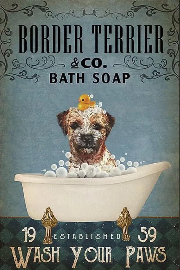 kisoyo Metal Sign Border Terrier Bath Soap Retro Decor Art Sign Home Kitchen Bar Cafe Club Cave Wall Decor Vintage Tin Sign 8x12 Inch