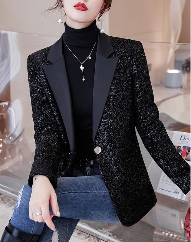 Blazers for Women Business Casual Petite Office Long Sleeve Shiny Sequins Suit Jacket for Holiday Party JNZJK0012