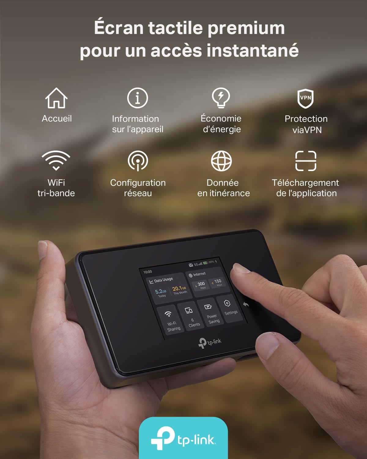 TP-Link M8550 Routeur Mobile 5G Tri-Band, WiFi 6E AXE3600, Jusqu’à 3.4 Gbps, 32 Appareils, Batterie 4680 mAh, Antenna Ports, Écran Tactile, déverrouillé Toutes Les Nano SIM, USB-C, 1 WAN/LAN Gigabit