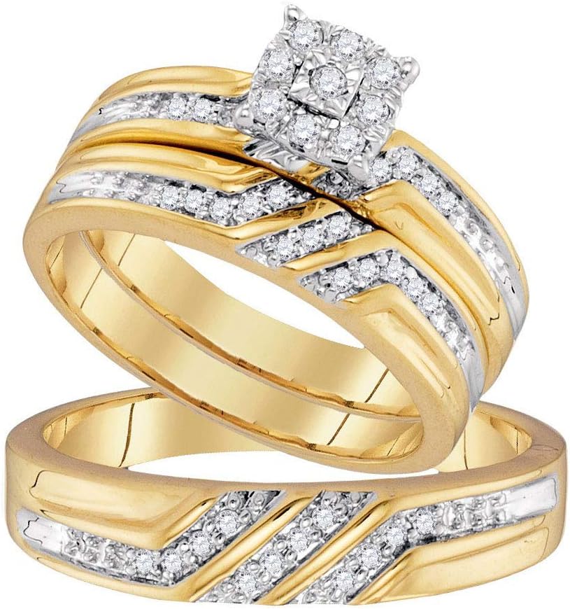 Solid 10k Yellow Gold His and Hers Round Diamond Solitaire Matching Couple Three Rings Bridal Engagement Ring Wedding Bands Set 1/3 Ct.