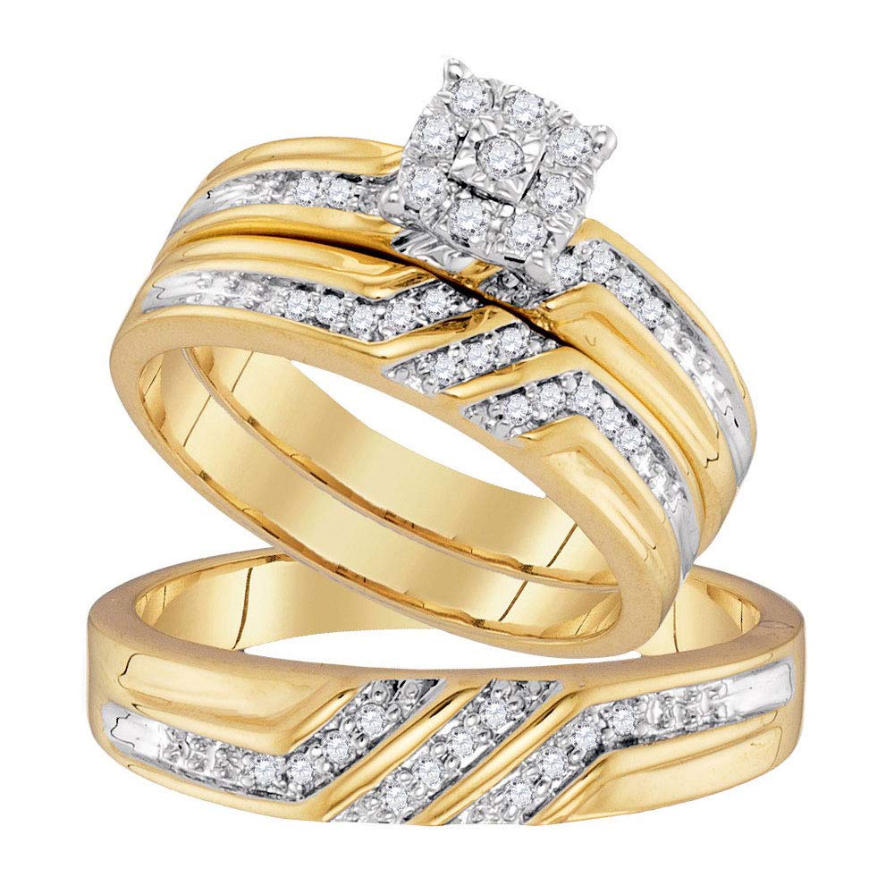 Solid 10k Yellow Gold His and Hers Round Diamond Solitaire Matching Couple Three Rings Bridal Engagement Ring Wedding Bands Set 1/3 Ct.