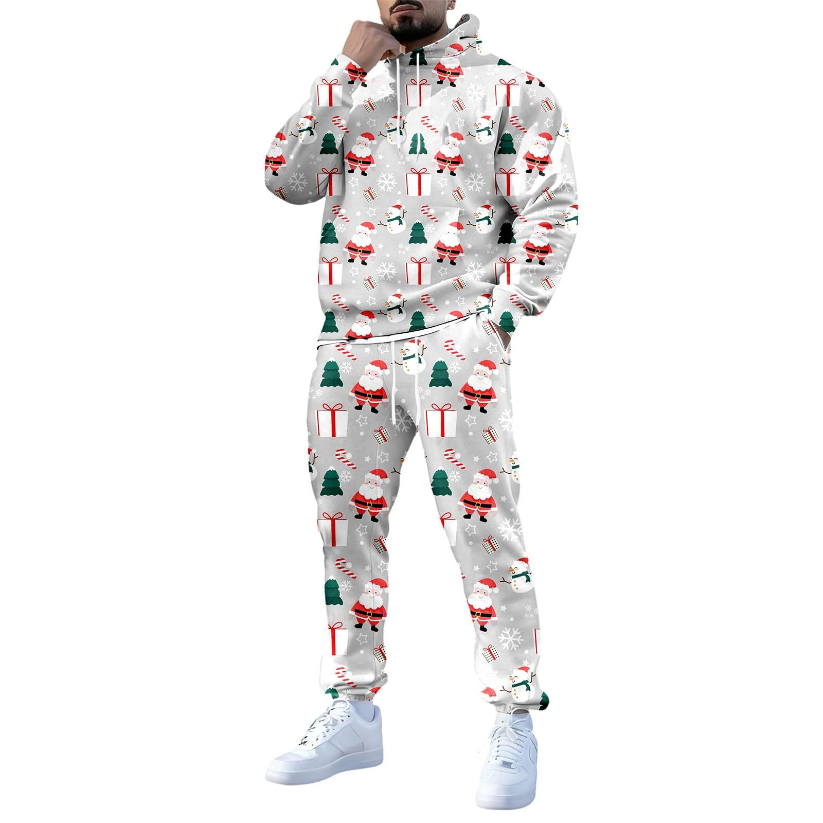 Generisch Tuta natalizia da uomo, per jogging, Natale, set di tute natalizie, 2 pezzi, stampa 3D, divertente abbigliamento natalizio con felpa in pile + pantaloni da jogging