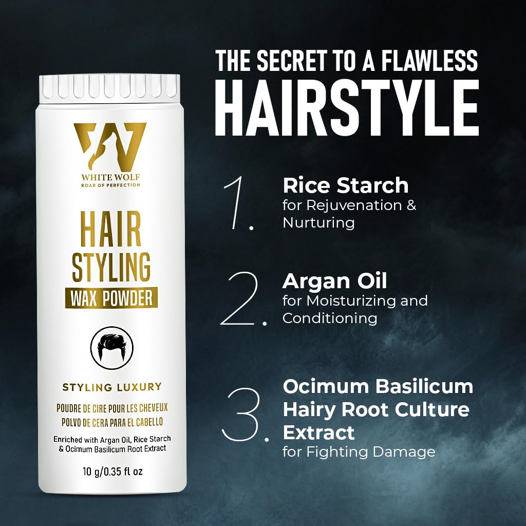 White Wolf Hair Styling Powder Wax for Men – Matte Finish, Strong Hold & Volumizing Hair Powder with Rice Starch, Argan Oil & Basil Extract – Texturizing & Oil Control Hair Styling Product – 10g 3