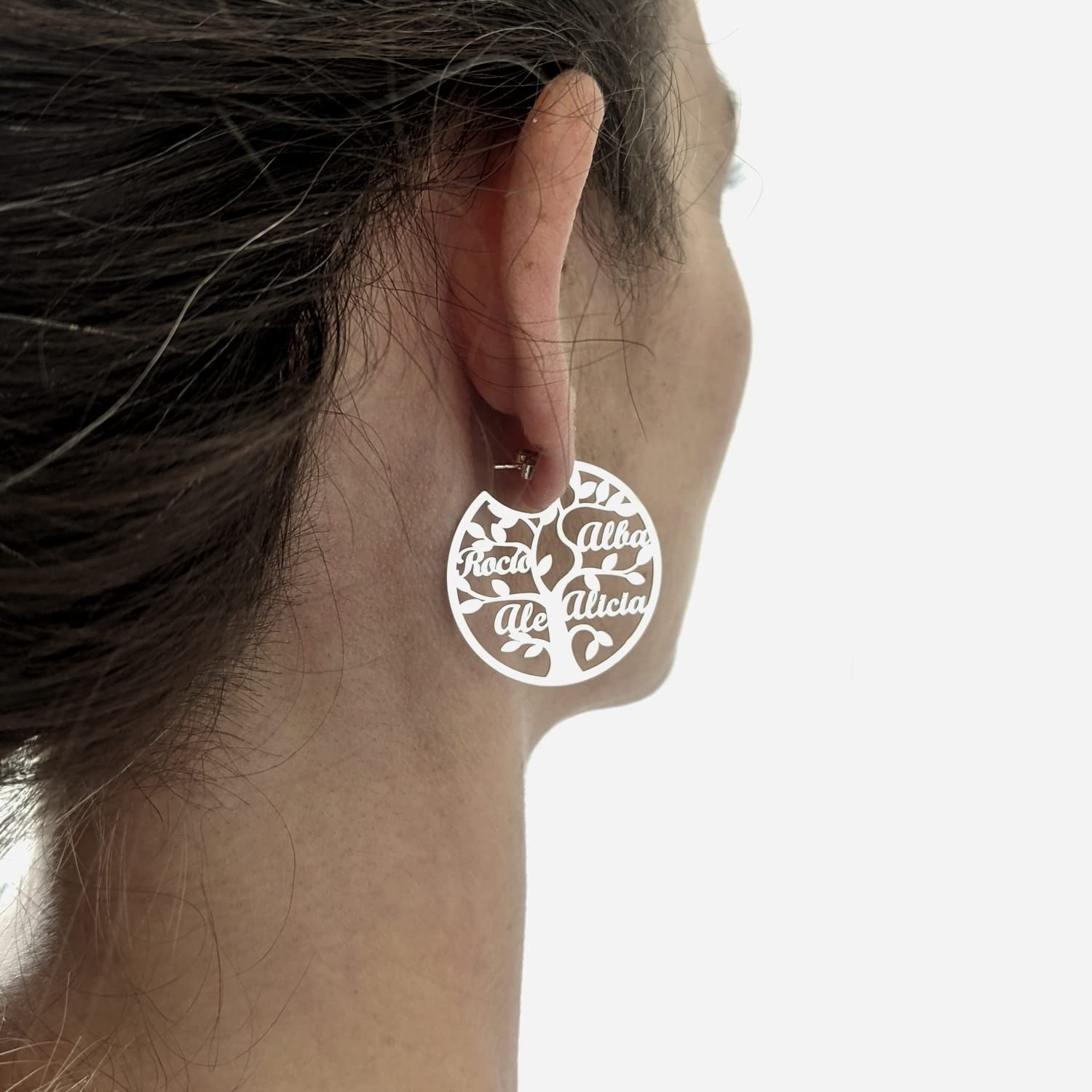 Pendientes Arbol de la Vida Personalizado para Mujer Plata de Ley - Pendientes Árbol con Nombres de Familia, Hijos, Nietos o Amigos - Regalo Original para Madres y Abuelas, hasta 7 Nombres