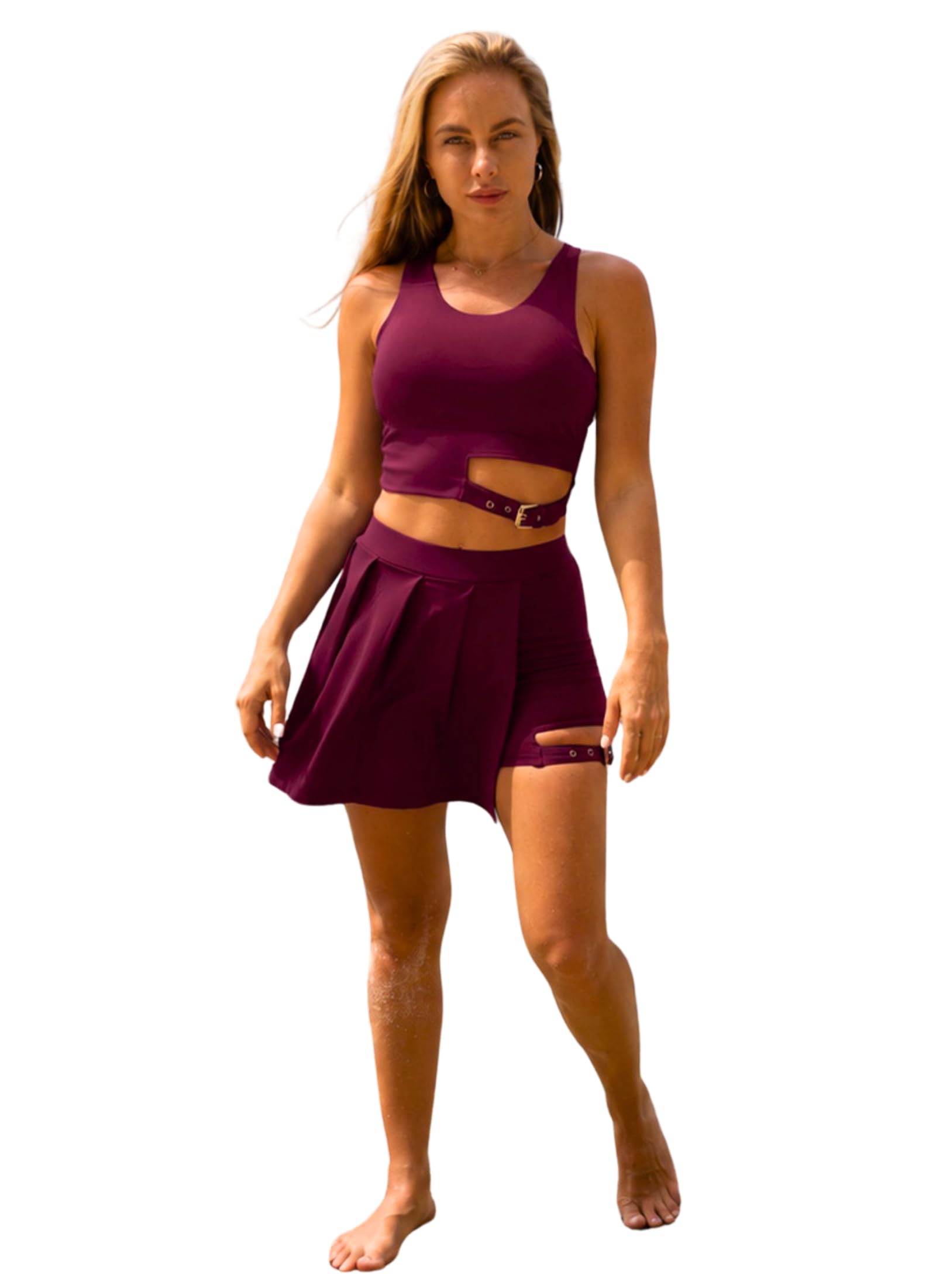 keepfit Women Maroon Crop top & Pleated Skirt Swimwear Set-picture-47