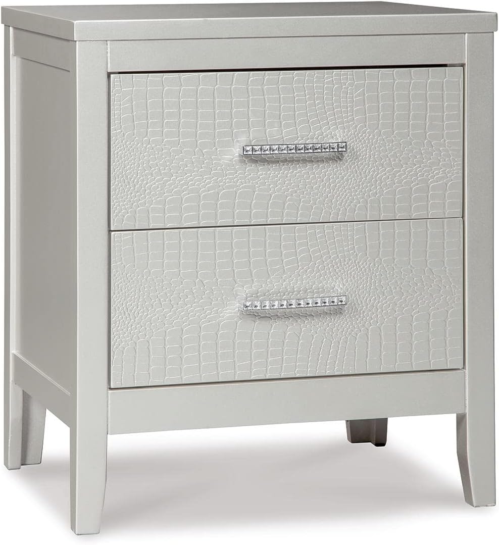 Signature Design by Ashley Furniture - Olivet Nightstand - Contemporary Glam - 2 Drawers - Silvertone Metallic Finish - Chrome Pulls w/Decorative Faux Crystals