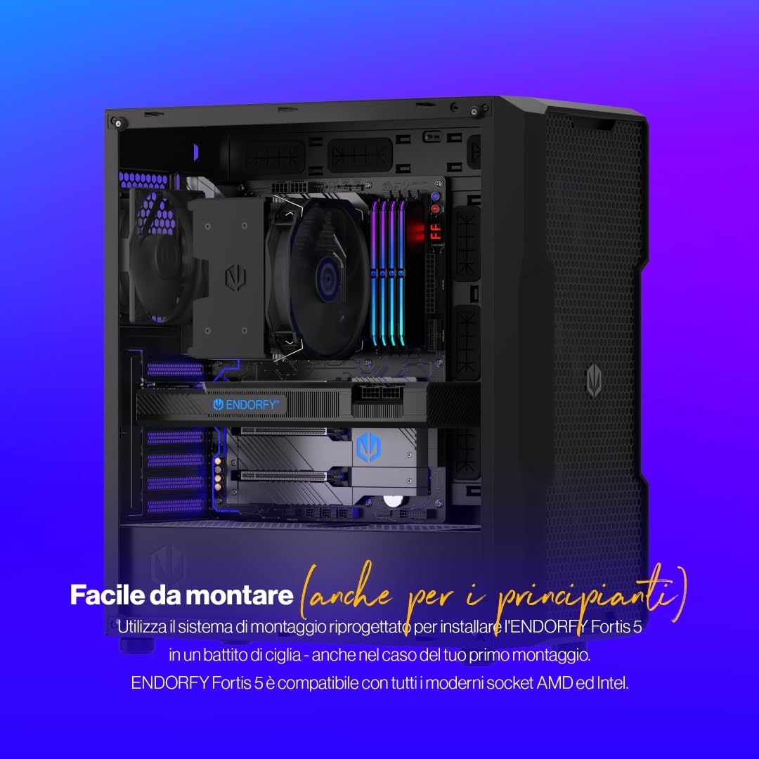 ENDORFY Fortis 5, dissipatore per CPU con ventola da 140 mm, ventola Fluctus 140 mm, modalità semi-passiva opzionale, dissipatore AM4, AM5 dissipatore per CPU, AM5, AM4, LGA1700, LGA1200, EY3A008