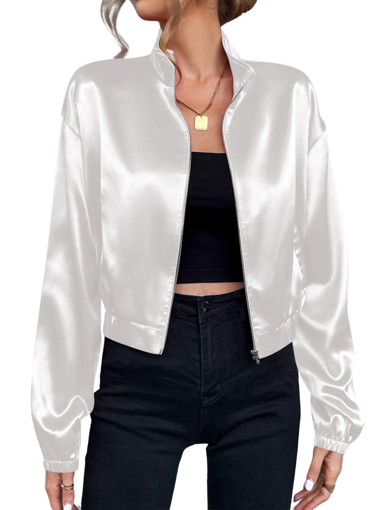 Verdusa Women's Bomber Satin Lightweight Jacket Drop Shoulder Long Sleeve Zip Up Outerwear
