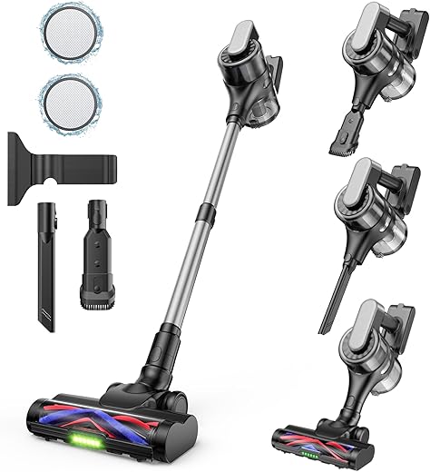 Cordless Vacuum Cleaner, Lightweight Rechargeable Stick Vacuum with 3-in-1 Brushroll, Powerful Suction for Carpet & Hardwood Floors, Pet Hair, Wireless Floor Vacuum for Home Cleaning