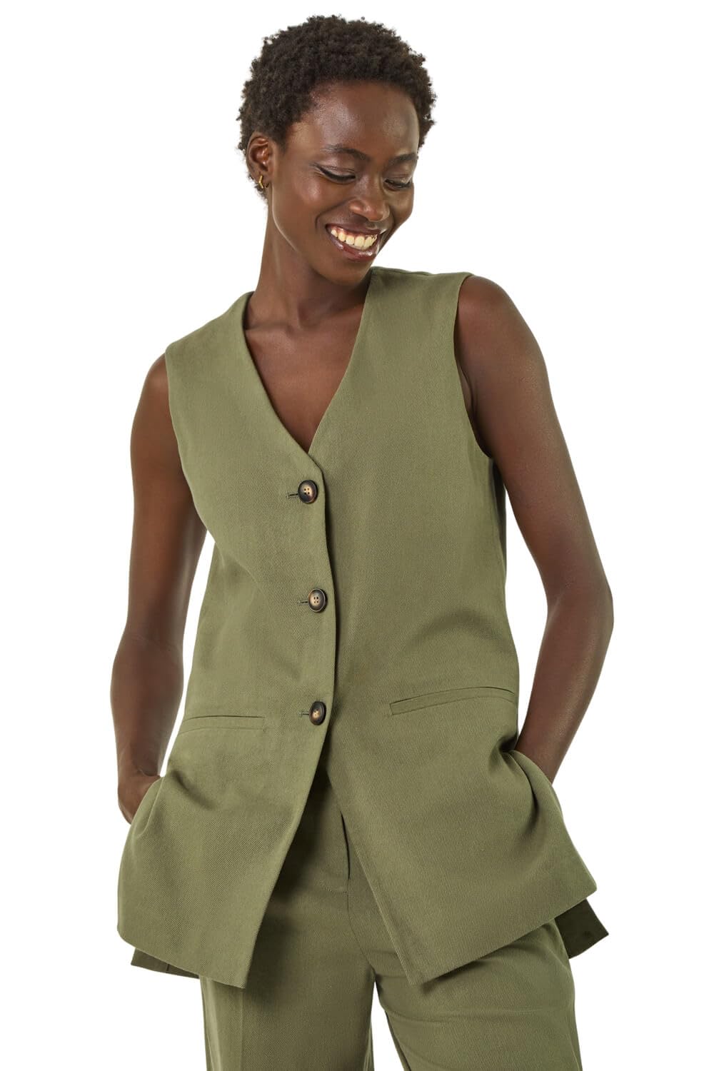 Roman Originals Women's Khaki Longline Button Waistcoat Jacket For Uk - Everyday Holiday Spring Summer V-Neckline Comfy Soft Evening Vacation Work Party - Size 14