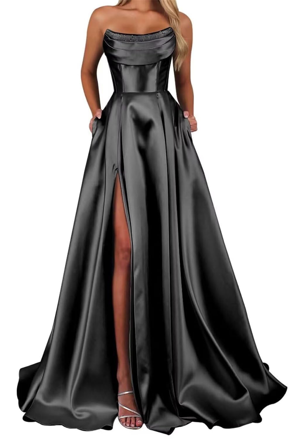 Hppee Women's Black Satin Prom Dresses With Slit For Strapless Formal Party Gown Corset Long Evening Dress Uk6
