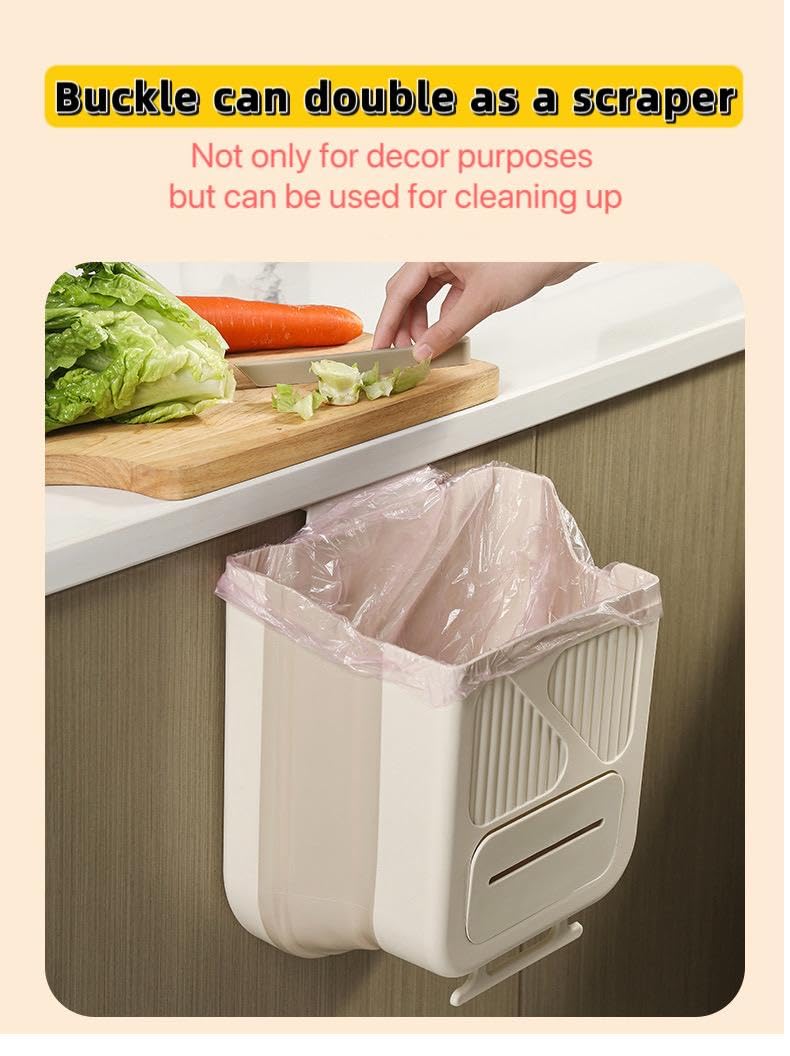 Hanging Trash Can for Kitchen Cabinet Door, 1.85 Gallon Kitchen Trash Can with Space-Saving Design, Collapsible Garbage Can for Kitchens,Cabinet Door, Bathroom, with Trash Bag Compartment - Cream image 4