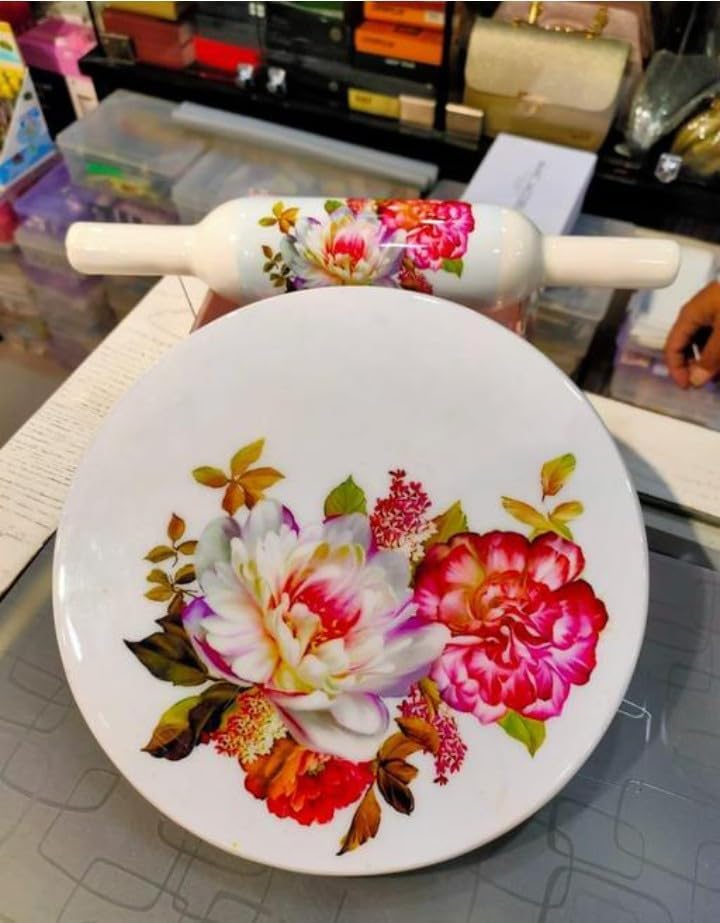 Samyuktha Printed Marble chakla belan | White chakla belan Lily and Lotus Flower Design | Marble Chakla (25X25cm)