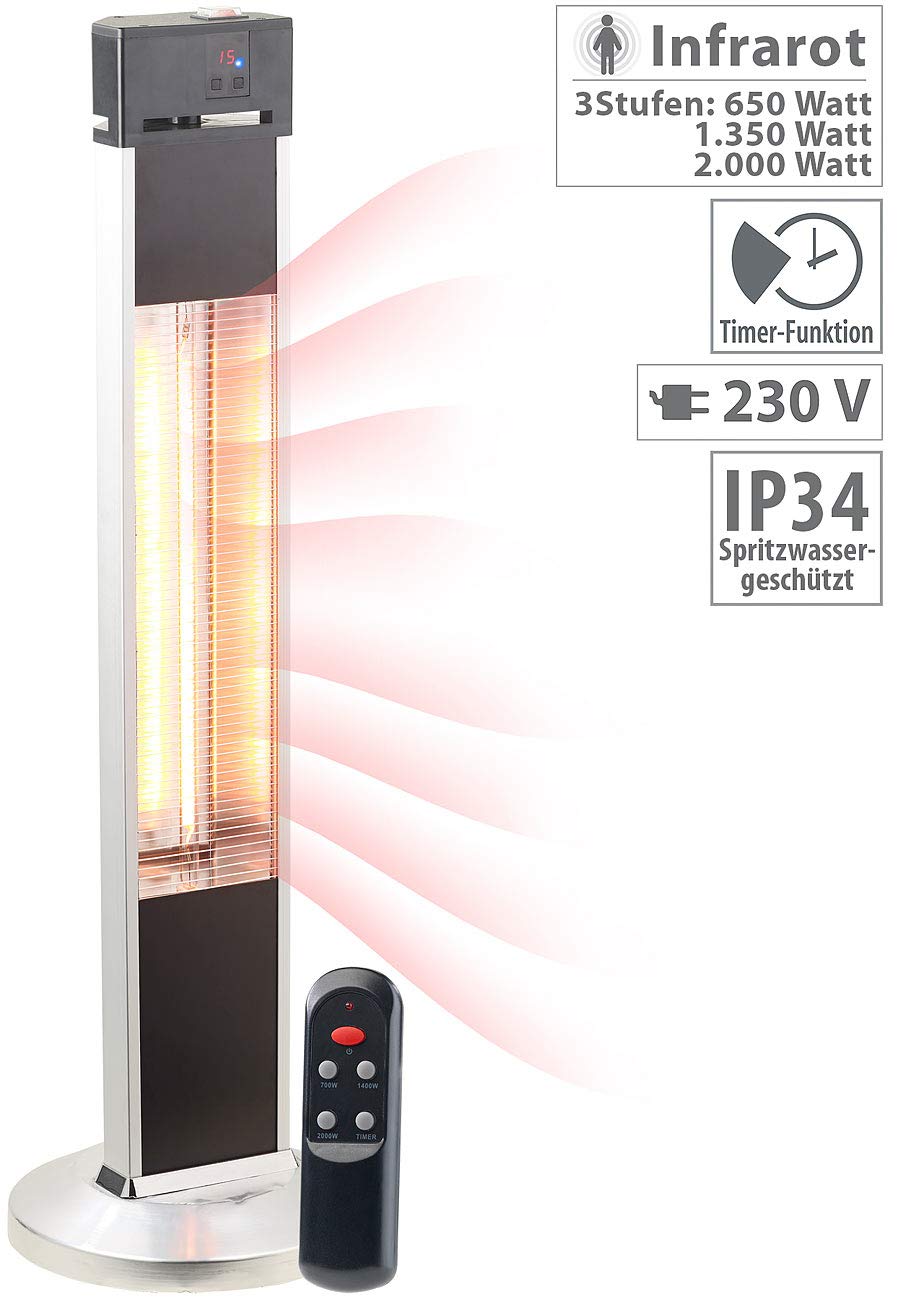 Semptec Urban Survival Technology Infrarot Heizstrahler: IR-Stand-Heizstrahler, Fernbedienung, Timer, 3-stufig, 2.000 W, IP34 (Infrarot Standheizstrahler, Terrassenheizstrahler, Ihr)