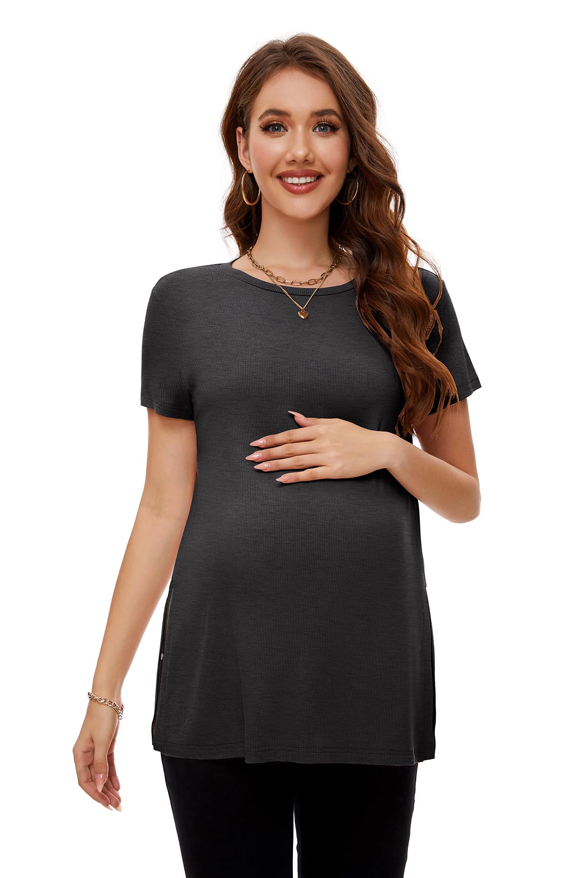 Smallshow T-Shirts et Tops Maternité Side Split Manches Courtes Grossesse Clothes,Deep Grey,M