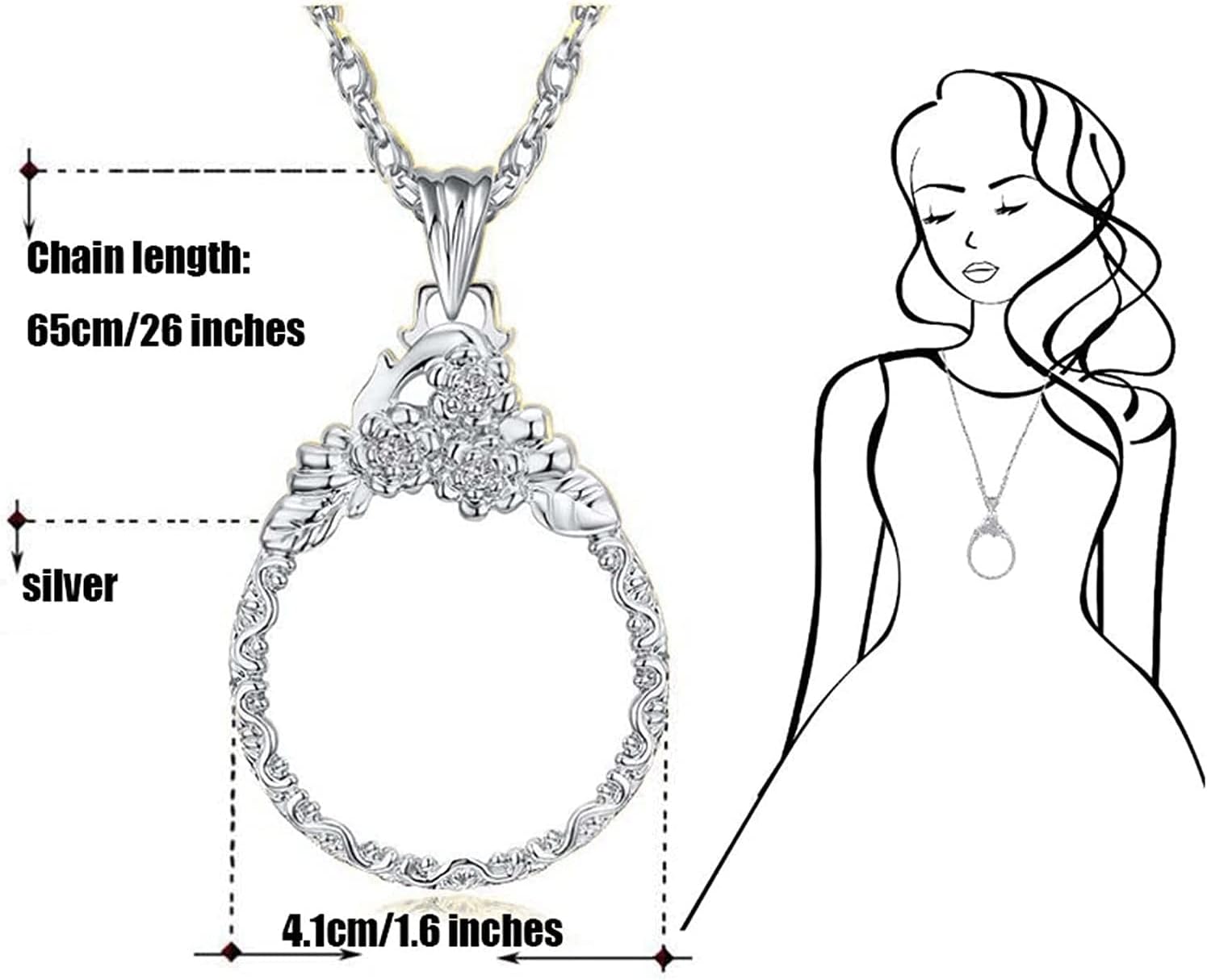 5X Magnifying Glass Necklace, Monolithic Magnifying Glass Pendant, Ladies Magnifying Glass Necklace, Elderly 5X Magnifying Glass for Reading, Zoom, Silver Necklace for Mom Jewelry (Gold)