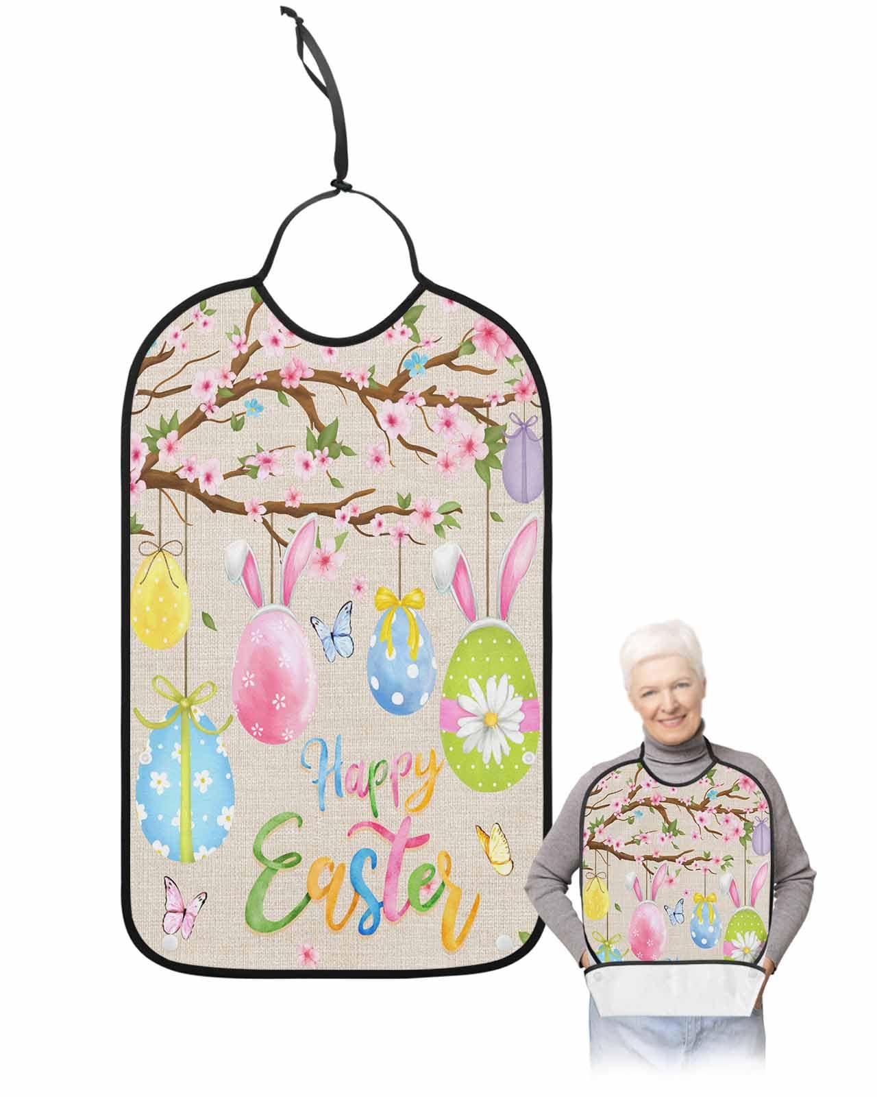 LEOKOTI Happy Easter Adult Bibs for Eating, Waterproof Bibs with Food Catcher & Adjustable Snap Closure, Easter Eggs Colorful Spring Floral Rustic Washable Clothing Protectors Adult Bibs for Elderly