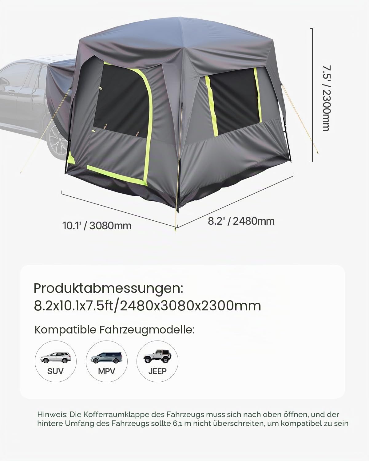 VEVOR SUV-Zelt Camping Auto-Zelt (248 x 308 x 230 cm) wasserdichtes PU2000 geräumiges Doppelschicht-Design für 5-8 Personen, SUV-Campingzelt mit Fenstern & Netzfenstern & Regendach & Tasche