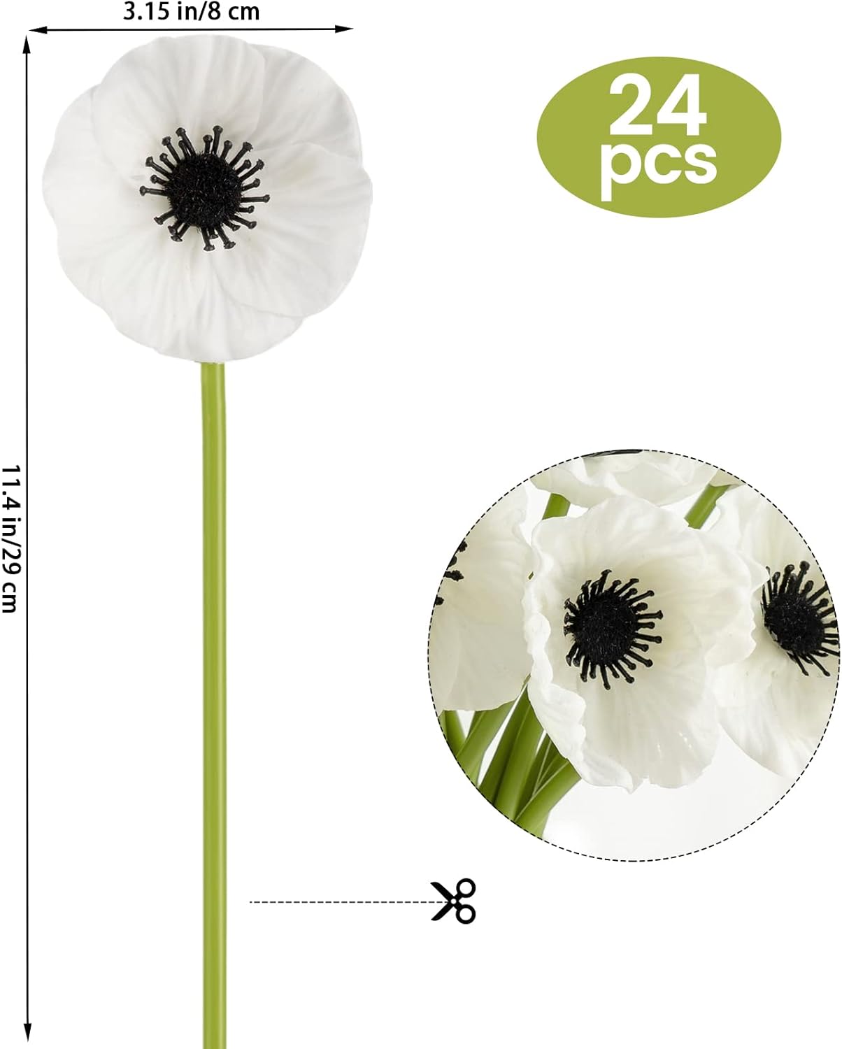 Artificial White Flower, 24 PCS Black and White Flowers, 11 Inch Silk Anemone Flower, Stems PU Real Touch Fake Flowers in White with Black Center for Wedding Memorial Day Centerpiece Home Kitchen - Image 2
