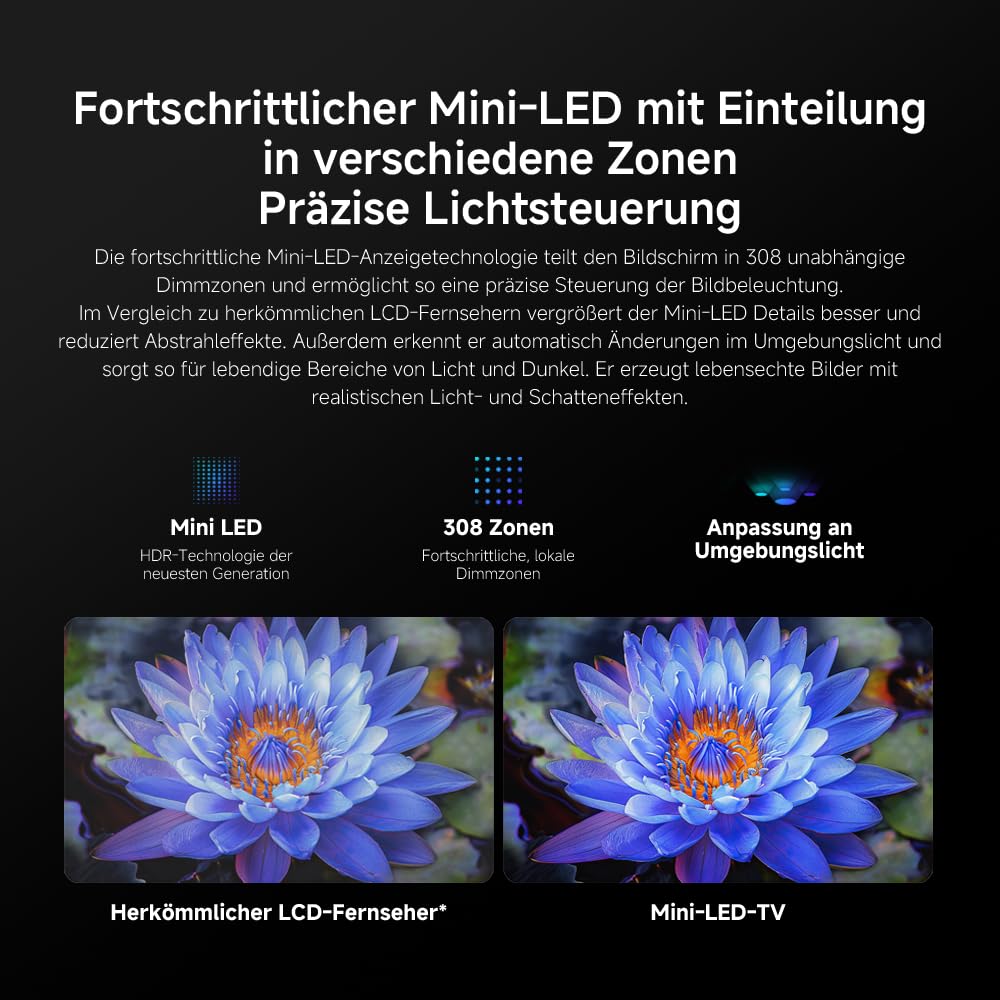XIAOMI TV S Mini LED 55 Zoll (140 cm), 4K UHD Smart TV, 144Hz (240Hz Game Boost Mode), Dolby Atmos & Vision, HDR10+, Triple Tuner, DVB-C/S/S2/T/T2, Google TV, MEMC, Airplay, Google Assistant