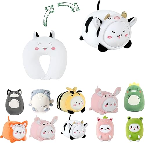Vista 12 de Almohada de viaje para niños, almohada de cuello deformable 2 en 1 para niños, almohada suave en forma de U con adorable diseño de animales, cómodo