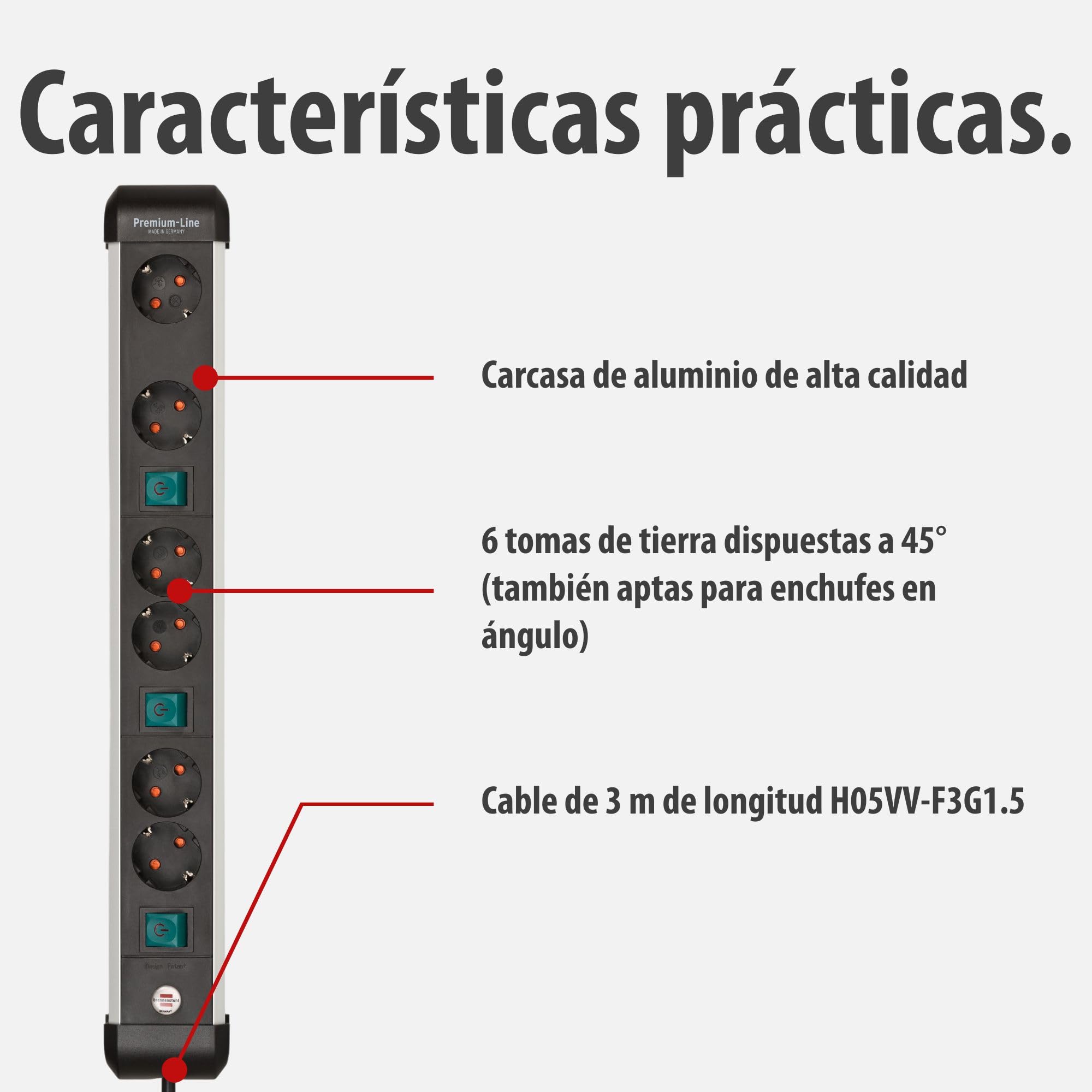 Brennenstuhl Premium-ALU-Line regleta enchufes con 6 Tomas/regleta de Aluminio con 3 interruptores Individuales (Cable de 3 m, 3X Interruptor Iluminado, Fabricado en Alemania)