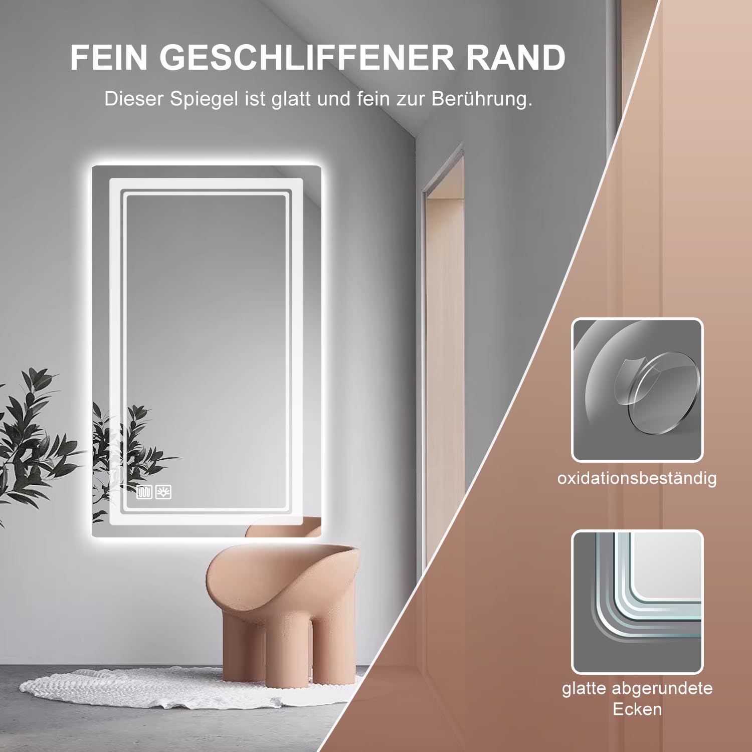 Badspiegel mit Beleuchtung 70 × 50cm, Badezimmerspiegel Beleuchtet Beschlagfrei LED Bad Spiegel mit Touch Schalter, 3 Lichtfarben Dimmbar Speicherfunktion, Badezimmer Wandspiegel IP44