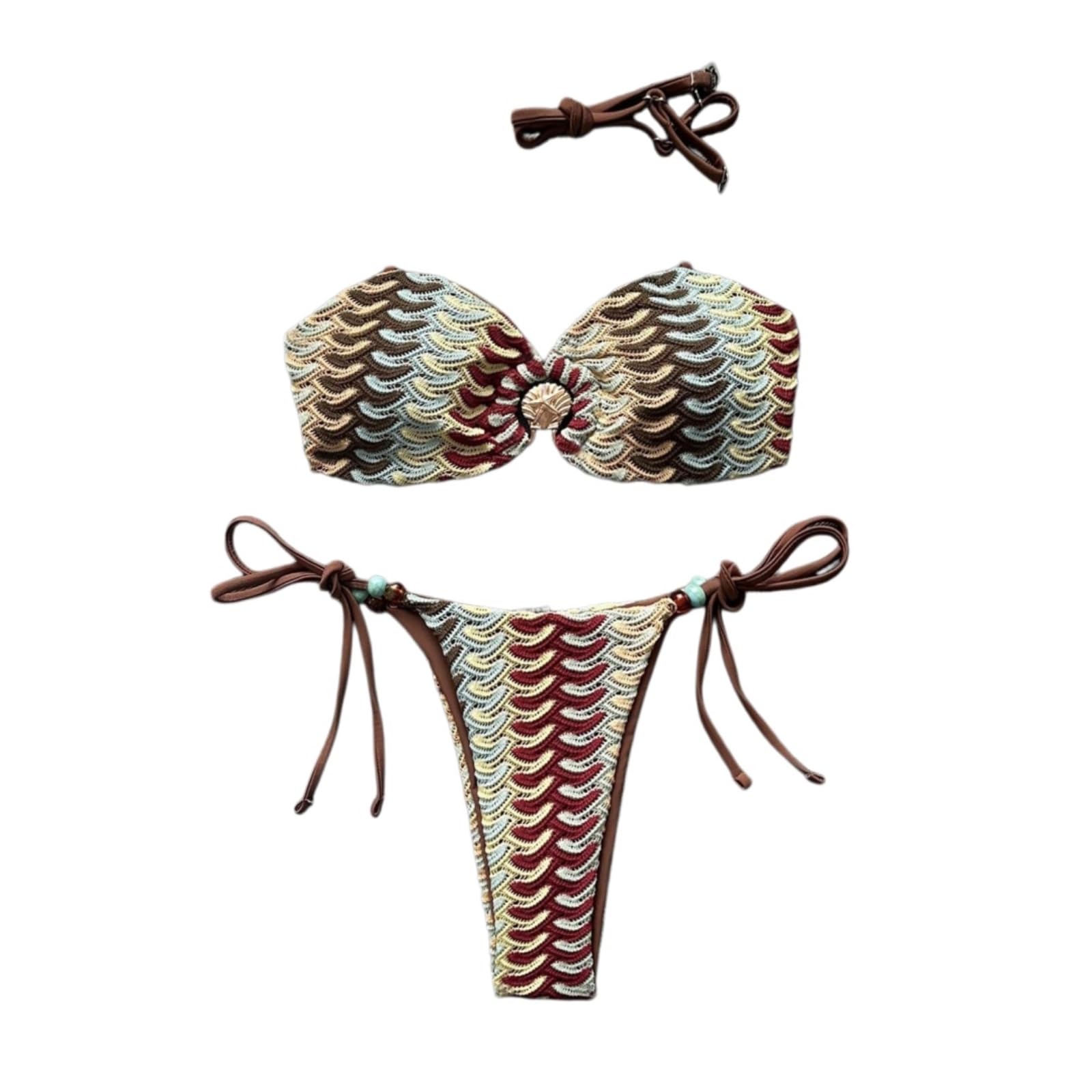 Bikini Mujer Mujeres Ganchillo Conjunto Ondulado Patrón Bandeau Parte Superior Corbata Tanga Traje De Baño-1-m