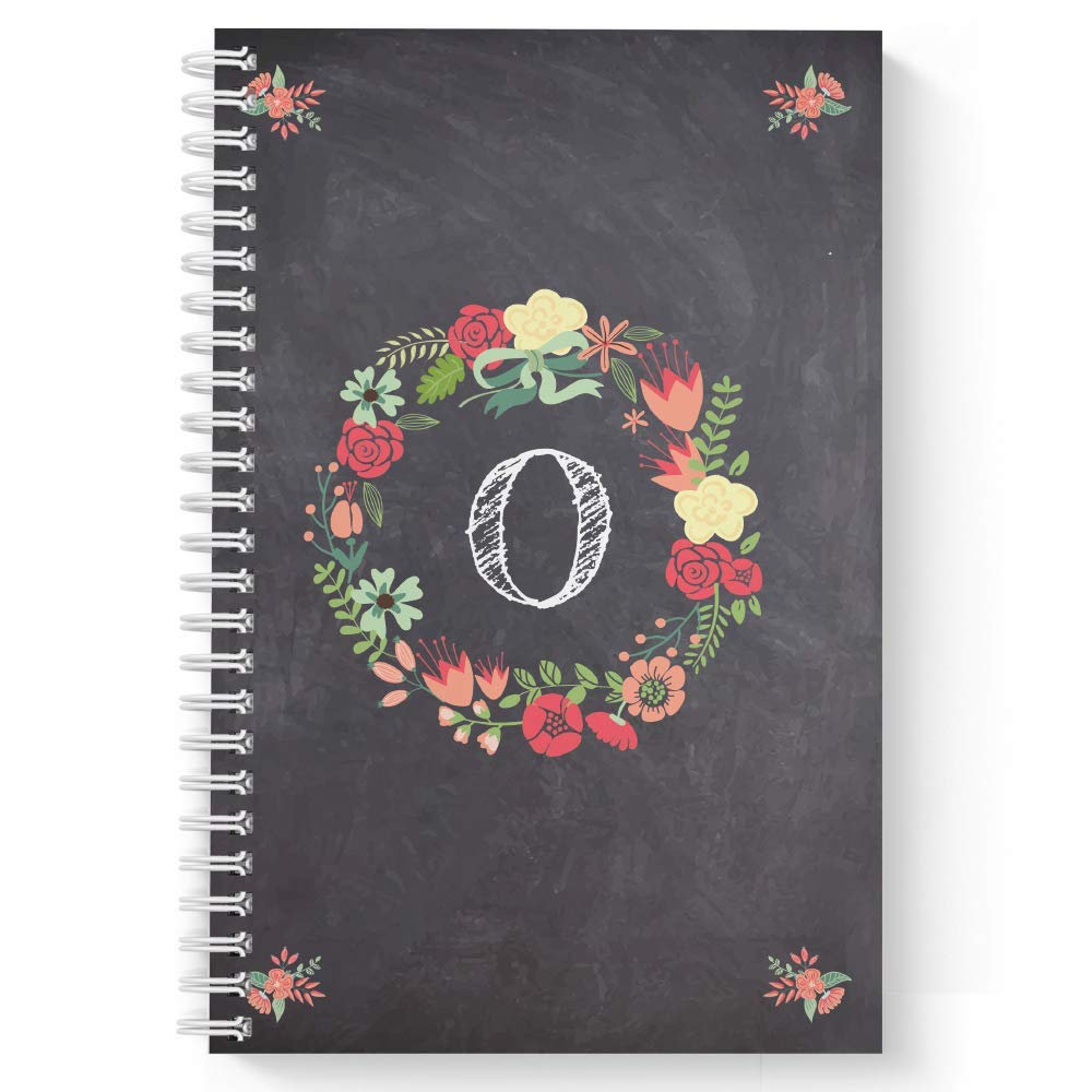 Floral Wreath Monogram "O" Notebook/Journal, Laminated Soft Cover, 120 Wide Ruled pages, lay flat wire-o spiral. Size: 5.5” x 8.5”. Made in the USA