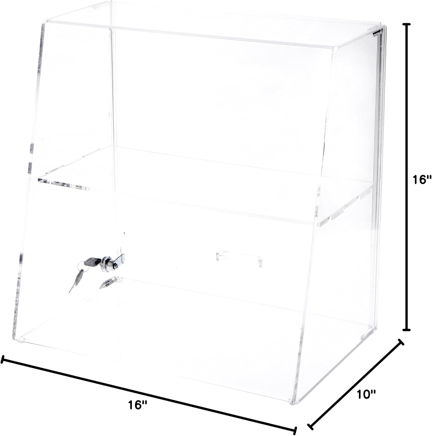 Plymor Clear Acrylic Locking Display Case with Slanted Front and Sliding Back, 1 Flat Shelf, 16" H x 16" W x 10" D