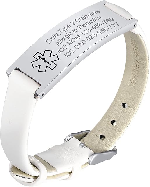 VNOX Custom Personalized Medical Alert Wide Genuine Leather ID Tag Adjustable Wristband Bracelet for Men,6.7"-8.7"