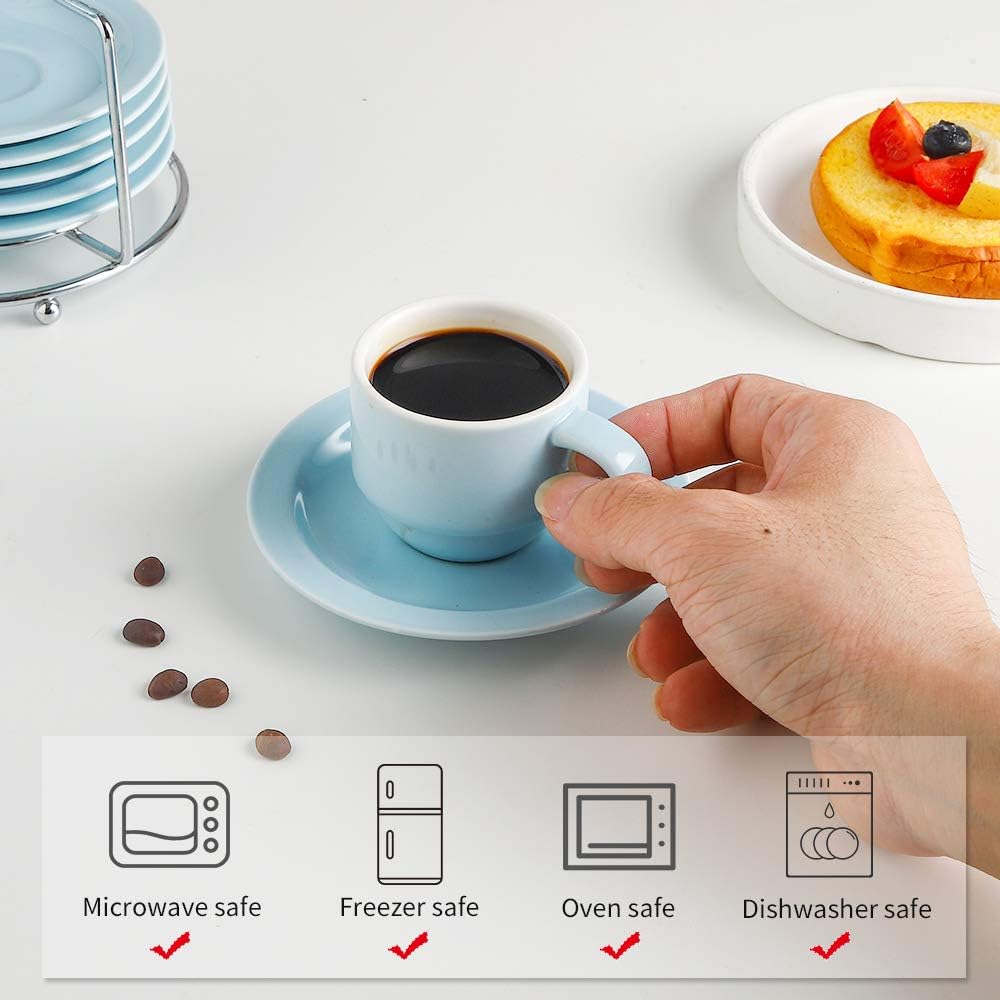 Exclusive Discount 70% Price KOOV Porcelain Stackable Espresso Cups Set, Coffee Cups Set with Saucers and Metal Stand, 2.5 Ounce Coffee Cup Set of 6 (Pale Blue)