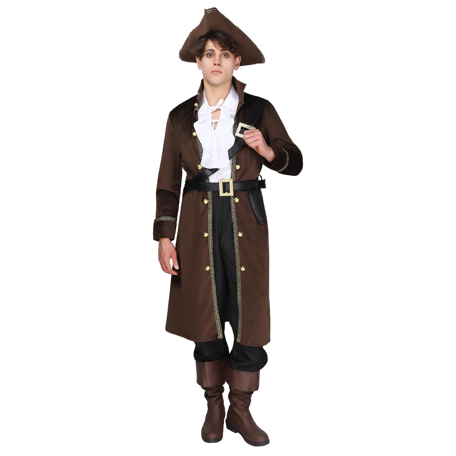 EraSpooky Men's Deluxe Pirate Captain Costume Halloween Adult Pirates Long Coat Jabot Hat Belt Sets