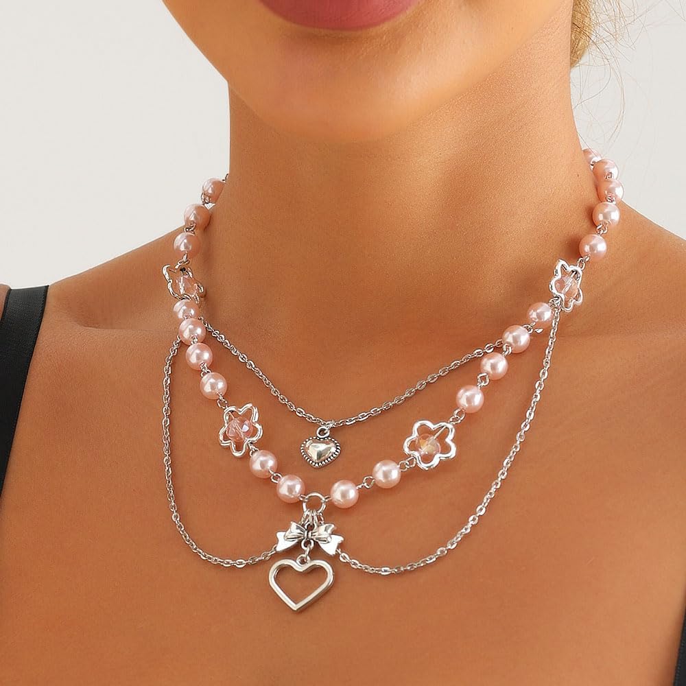 Vintage Layered Pearl Bowknot Collarbone Necklace for Women,Trendy Hollowed Flower Heart Pendant Necklace,Personalized Jewelry Accessories Gift - Image 5