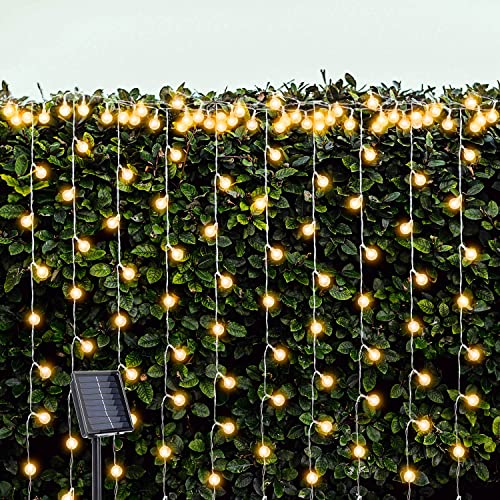 MANBOO LED Halloween Christmas 6.6ft X 4.9ft 150Balls Solar Curtain Outdoor Indoor Crystal Ball String Lights Warm White, 8 Lighting Modes, Waterproof for Patio Bedroom Garden Party Wedding Decoration